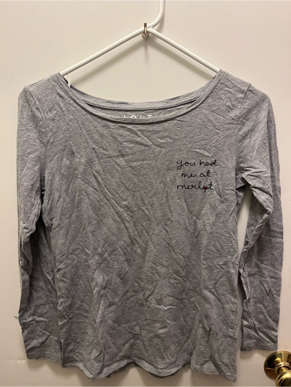 LOFT Women's Gray Long-Sleeve Graphic Tee - "You Had Me at Merlot"